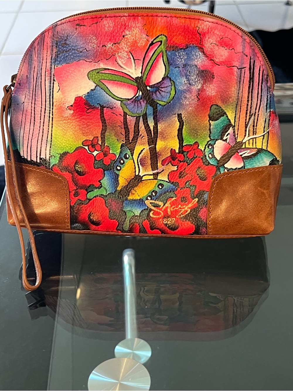 SHARIF NWOT LEATHER DOME HAND PAINTED MULTI COLORED BUTTERFLY DOME WRISTLET